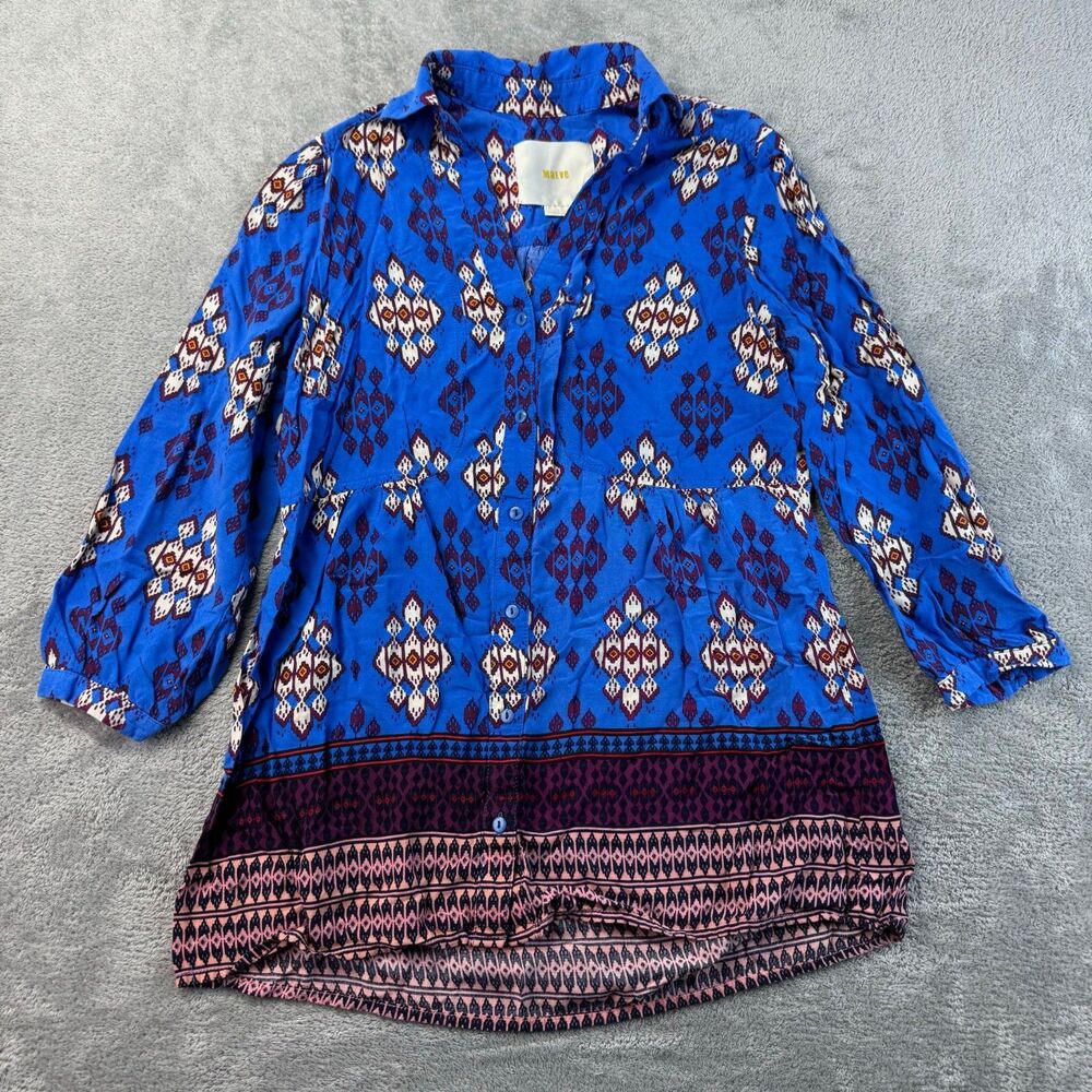 Maeve Blouse Women’s 2 Blue Boho Gypsy Geometric Flowy Button Up Anthropologie